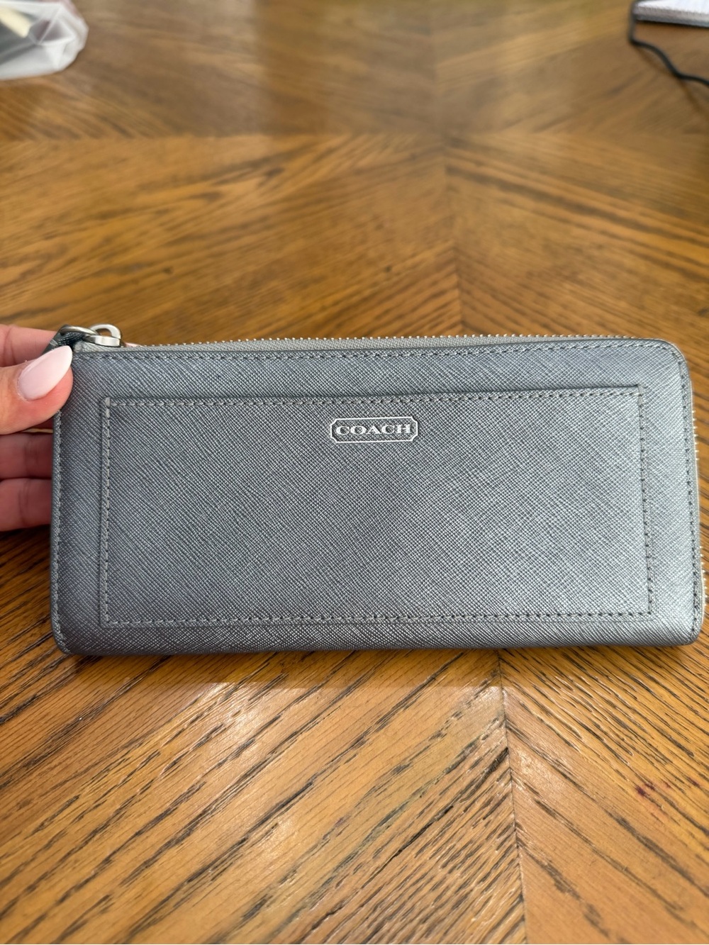 NWOT Coach Silver Metallic Leather Zip-Around Long Wallet